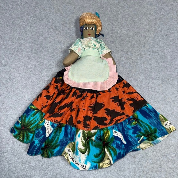 Other - Handmade Folk Art Doll Tropical Print Patchwork Skirt Straw Hat